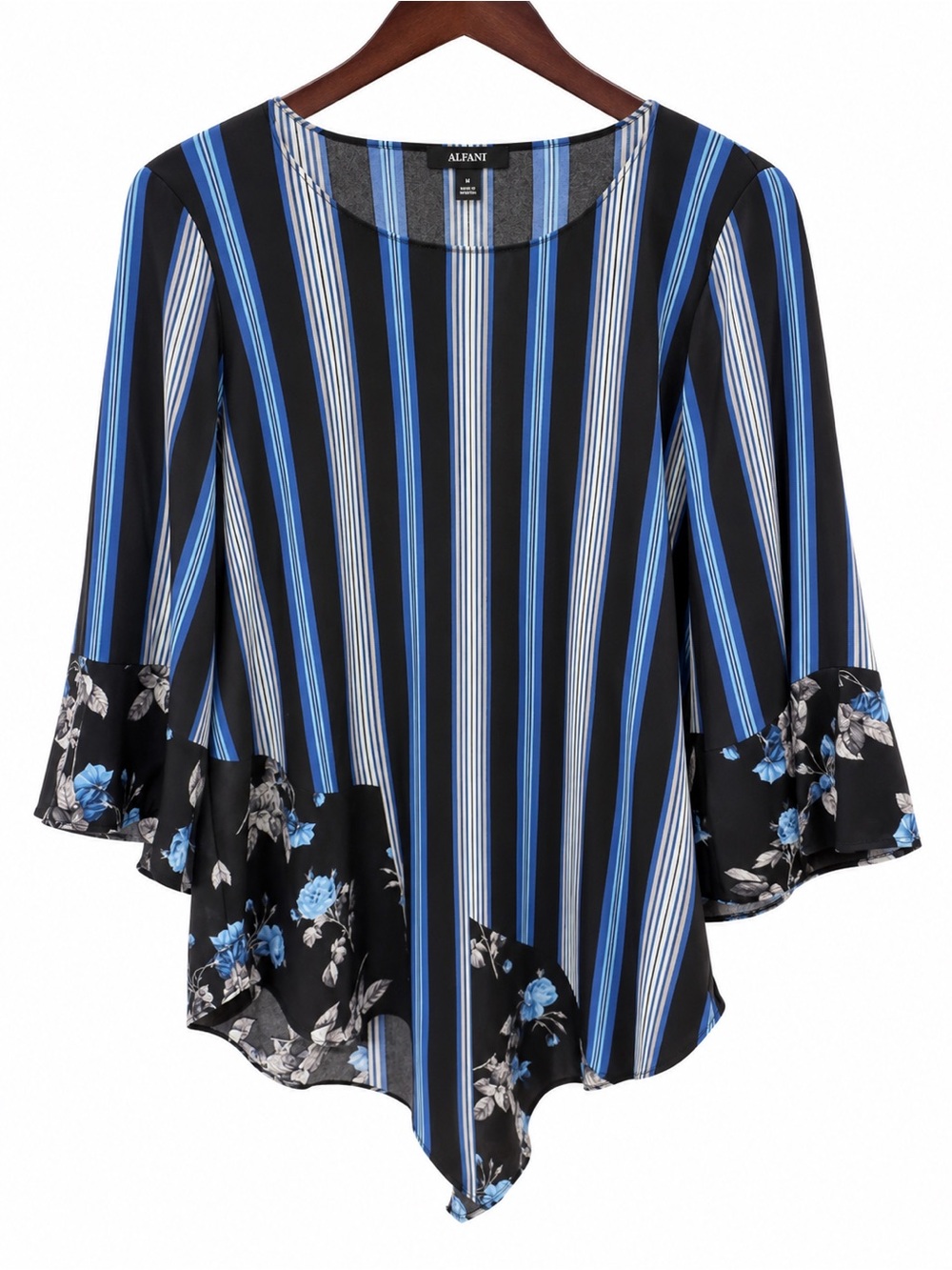 Alfani Black, Blue and White Vertical-Stripe Bell Sleeve Tunic With Floral Print